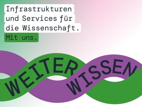 Grafik der Kampagne "Weiter Wissen" mit dem Text: Infrastrukturen und Services für die Wissenschaft. Mit uns. 