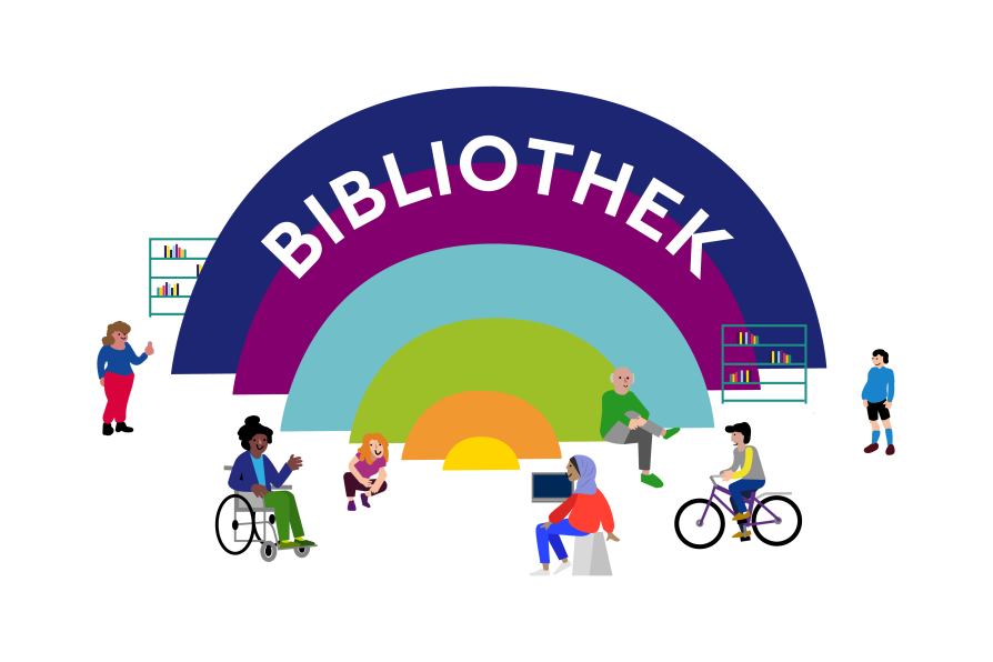 Eine Grafik mit einem großen Regenbogen mit dem Schriftzug Bibliothek darauf. Davor befinden sich diverse Menschen: jung, alt, mit Kopftuch, auf dem Fahrrad, im Rollstuhl mit Sportkleidung, sitzend, stehend. Rechts und links neben dem Regenbogen stehen zwei Buchregale.